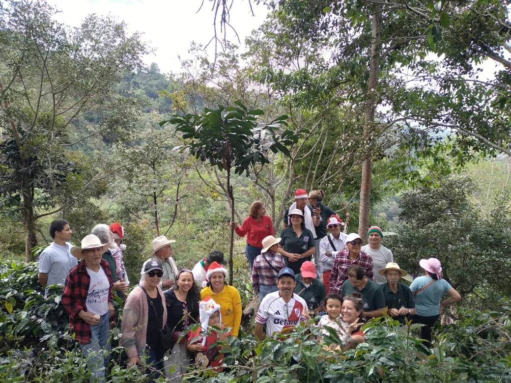 Un grupo de visitantes comparte un momento entre los árboles.