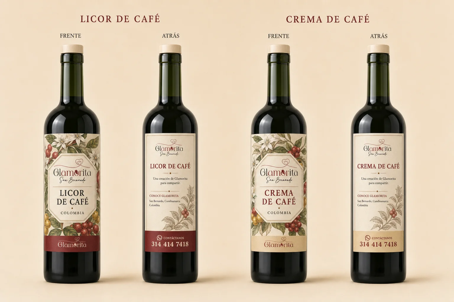 Presentación ilustrada de las botellas de Licor de Café y Crema de Café Glamorita