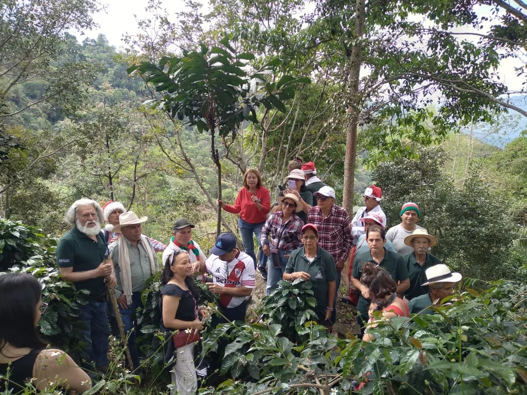 Visitantes compartiendo una caminata en la finca