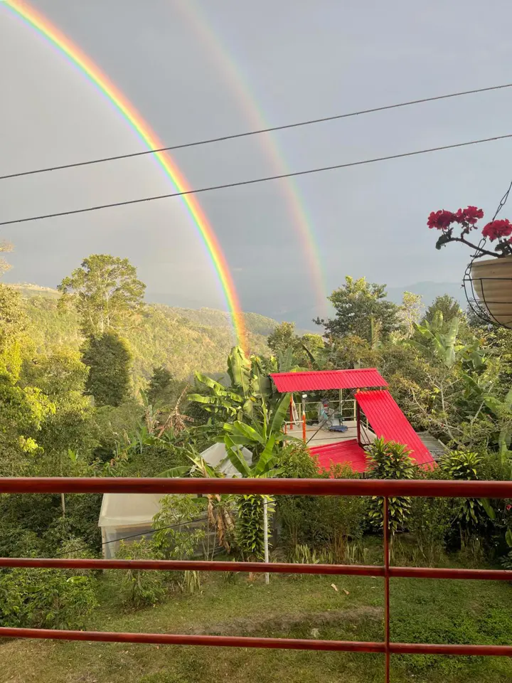 Flores, montañas y un arcoíris al otro lado de la baranda.